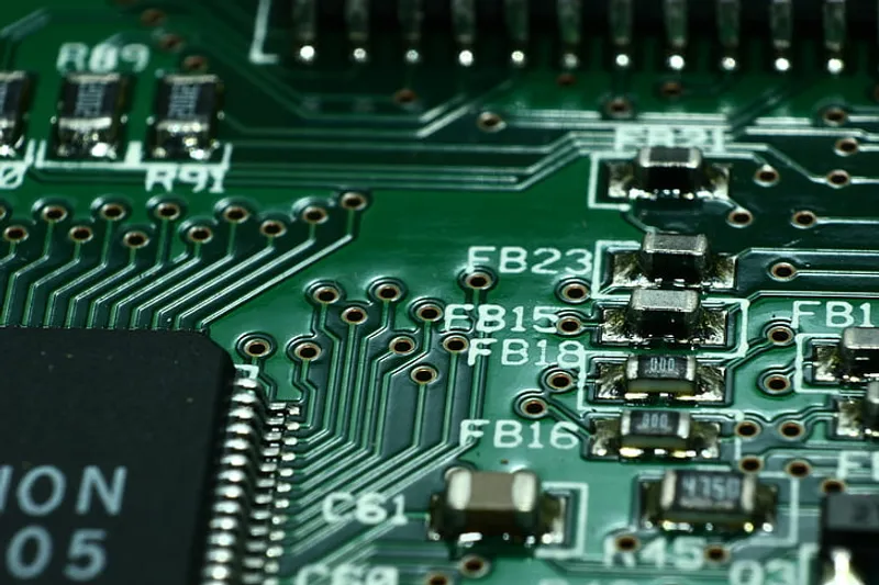 Close-up macro of a printed circuit board print plate, showing copper traces and plated vias.